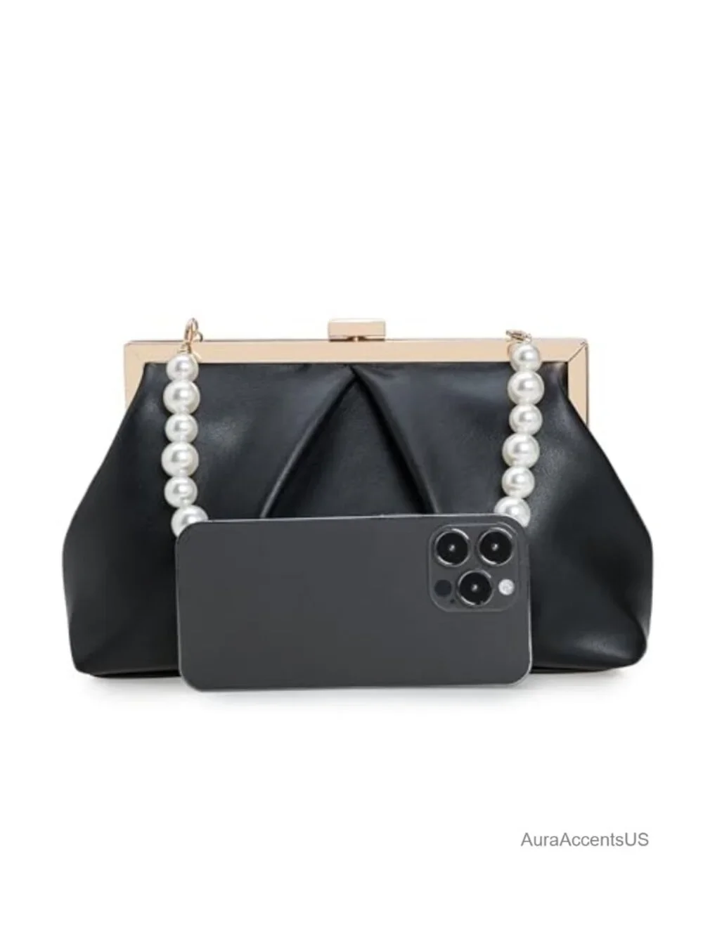 Faux Leather Ruched Metal Frame Clutch Evening Bag with Pearl Strap